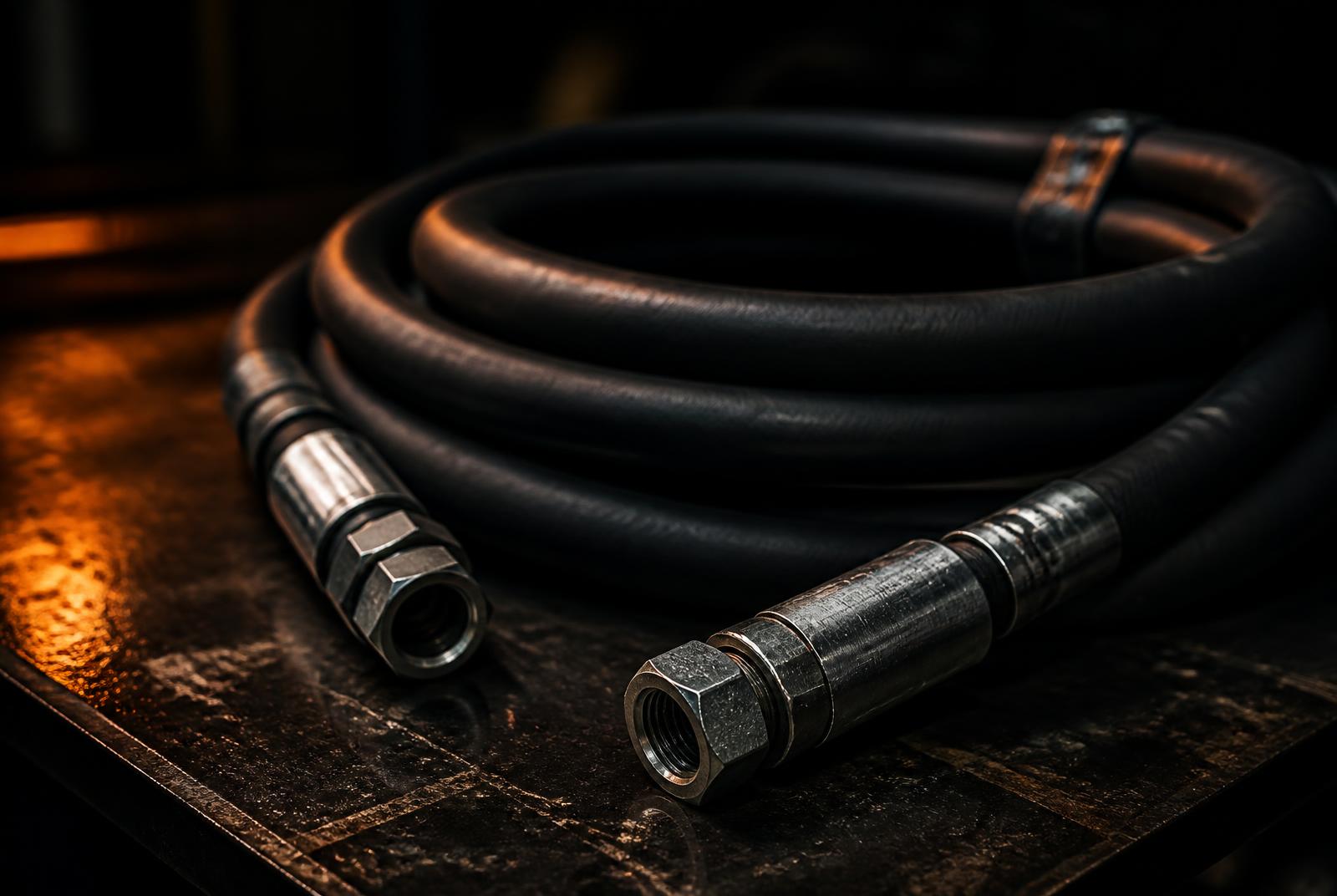 Hydraulic hose assembly on a workbench