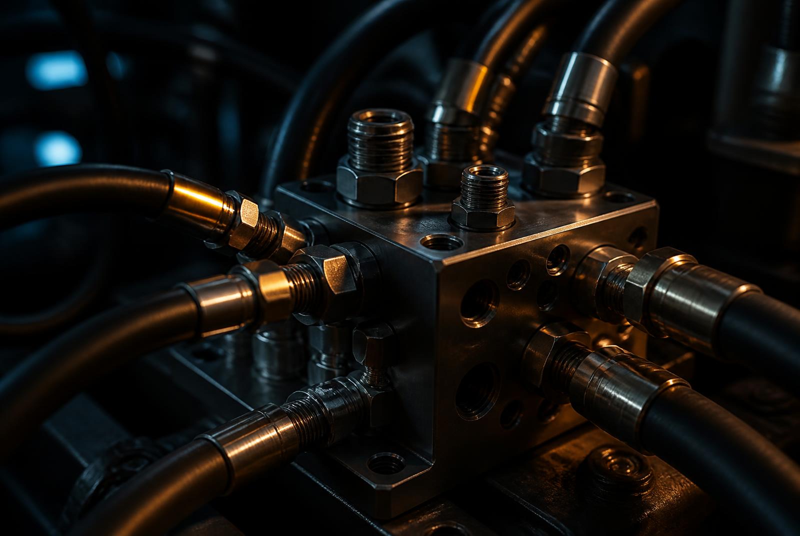 Machined hydraulic manifold block with connected hose fittings