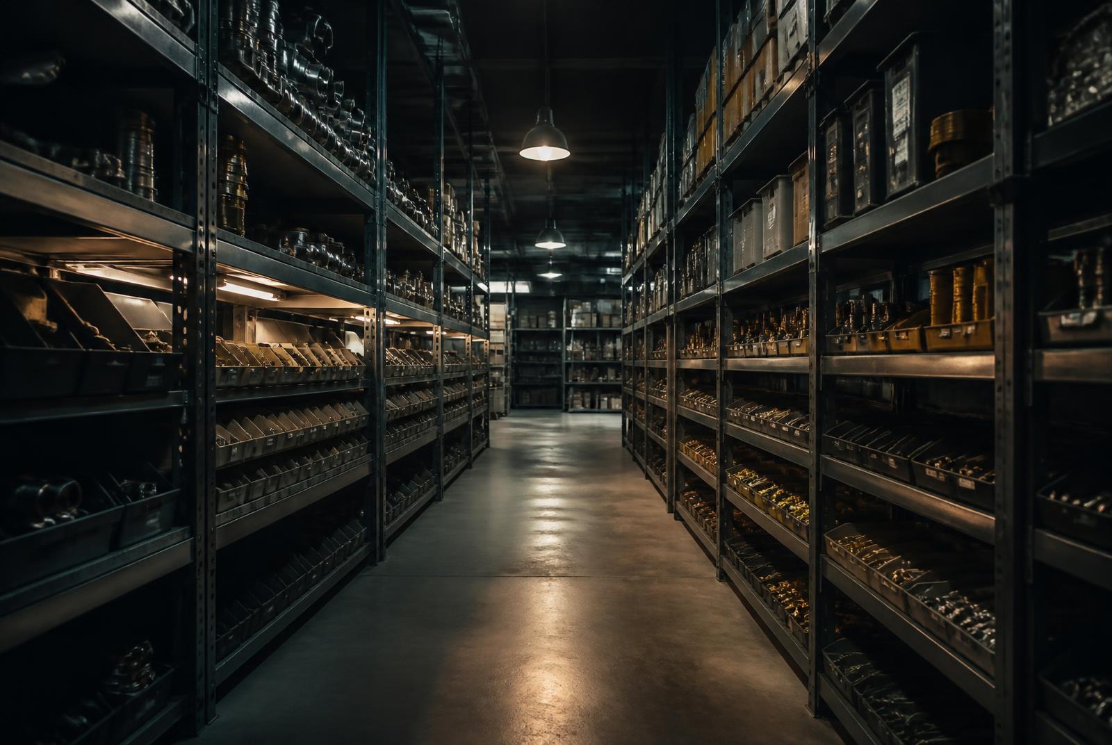 Organised industrial stores with labelled racking